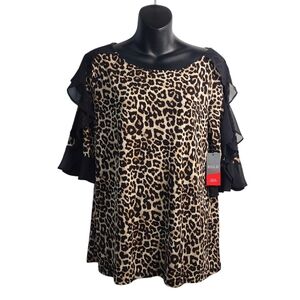 BOLD Elements Blouse Black Brown Animal Print Shiffon Trimmed Sleeve Sz …